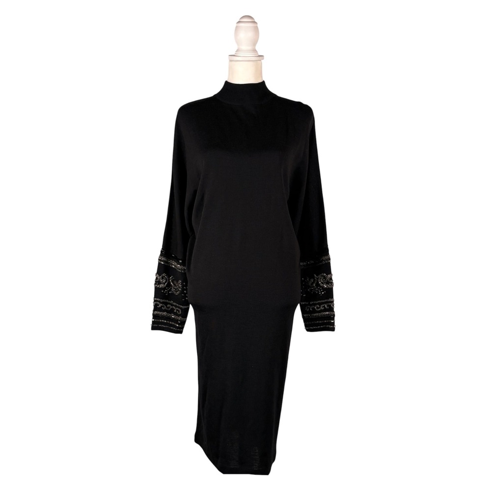 Vintage 90s Black Sweater Dress M Wool Blend Dark Academia Witchy Gothic Knit